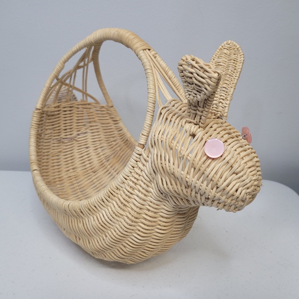 Vintage Woven Wicker‎ Bunny Rabbit Easter Basket Pink Button Eyes 13 Inch